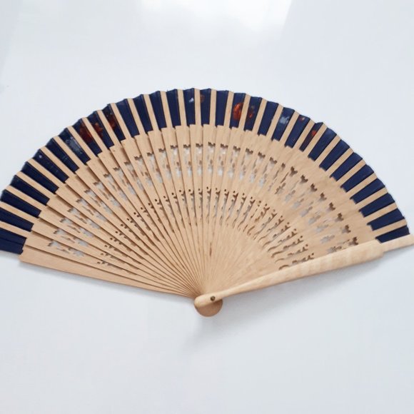 Blue Spanish Fan with Wooden Base and Handpainted Floral Design - Picture 4 of 5